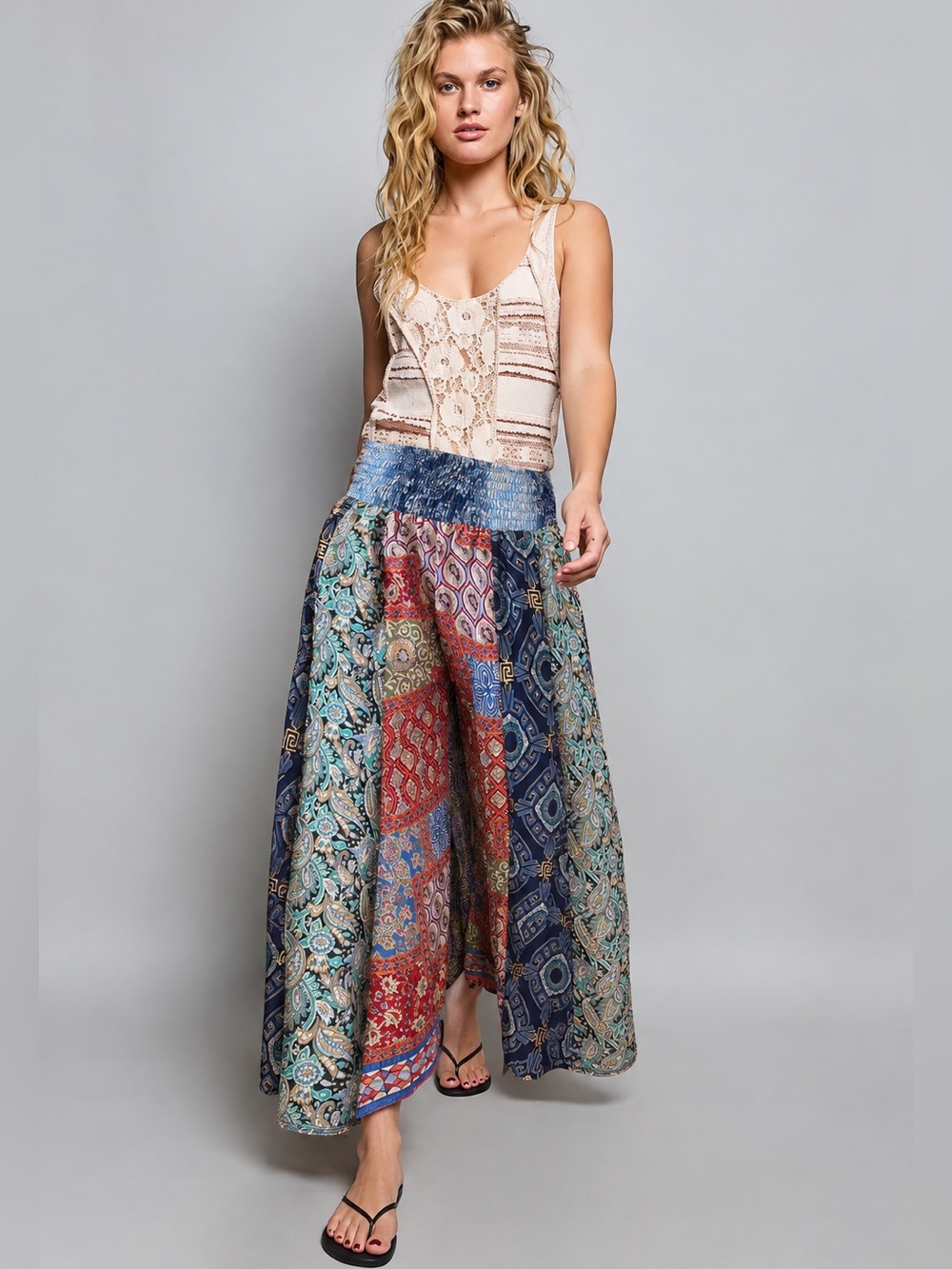 POL Bohemian Multi-Color Patchwork Flowy Pull On Palazzo Pants